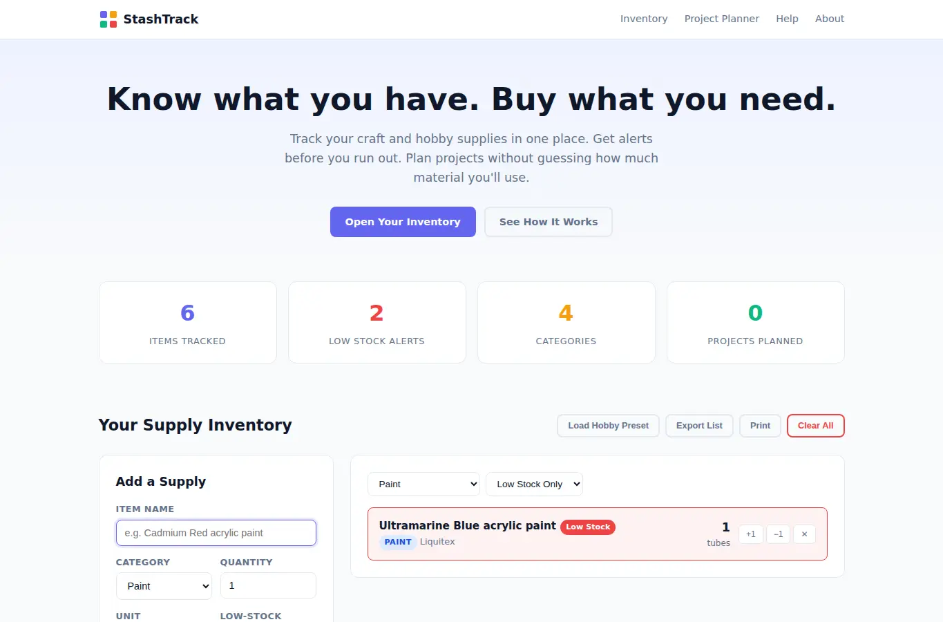 Screenshot of Hobby Supply Inventory & Reorder Alert interface showing the project page in use